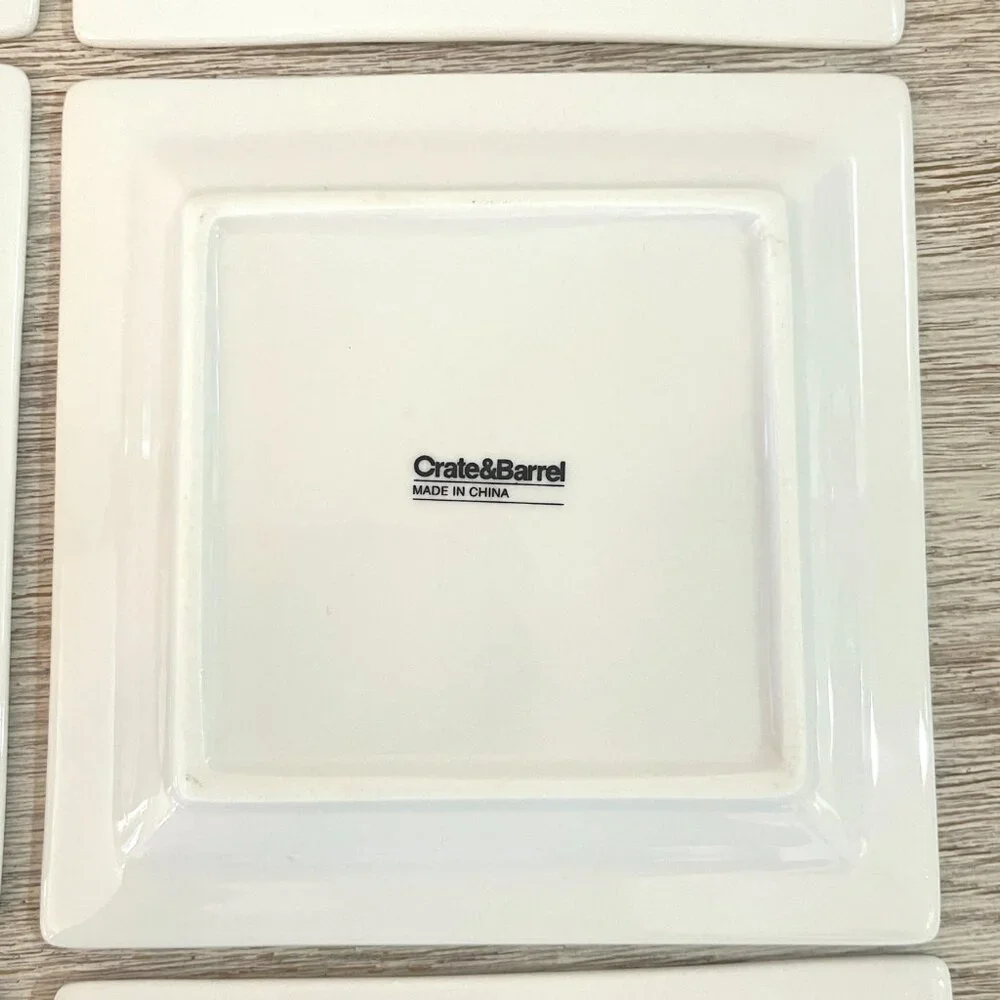 Crate & Barrel Set of 6 Appetizer Plates White Square Porcelain Ceramic Snacks